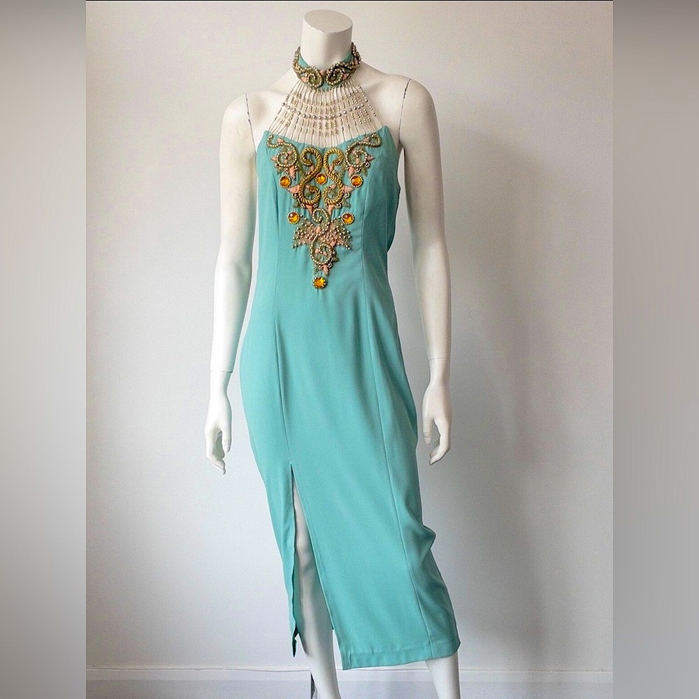 Vintage 1960s aqua blue/green beaded cocktail dress, gold embellishment, halter
